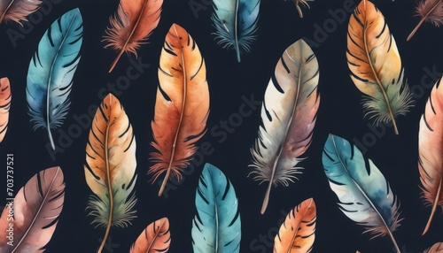  a close up of a bunch of feathers on a black background with orange, blue, green, and yellow feathers on the left side of the feathers are watercolored. photo