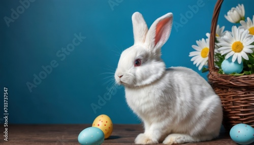  a white rabbit sitting in front of a basket with eggs and daisies in front of a blue wall with a basket of daisies and daisies in the background.
