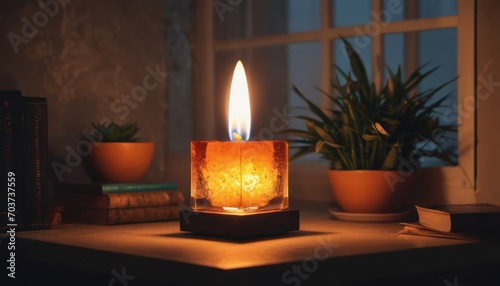  a lit candle sitting on top of a wooden table next to a potted plant and a book on a table next to a window sill with a potted plant.
