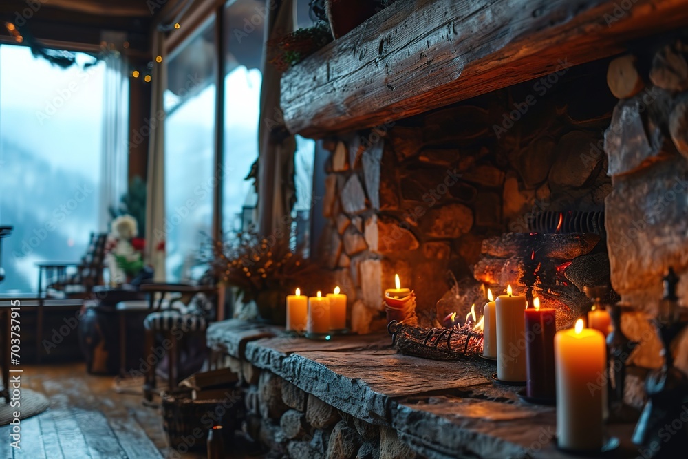 fireplace and wood interior with burning candles