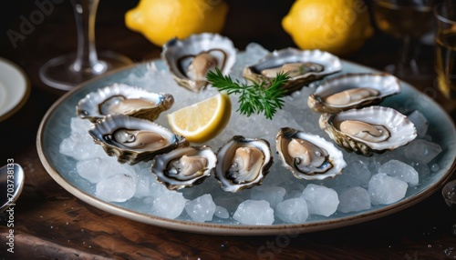  a plate of oysters on a bed of ice with lemon wedges and a glass of wine on a table next to a plate of lemons and wine glasses.