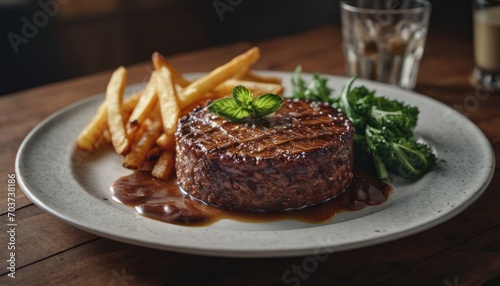  a close up of a plate of food with a steak and french fries on a table with a glass of milk and a shot of a beverage in the background.