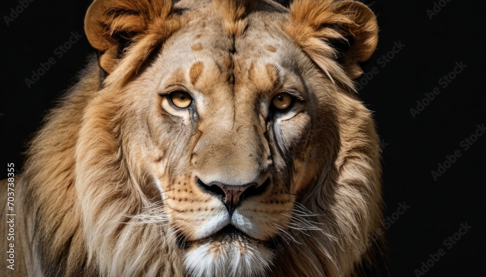 a close - up of a lion's face on a black background with only one eye visible for the camera and the other side of the lion's head. a close - up of a lion's face on a black background with only one eye visible for the camera and the other side of the lion's head.