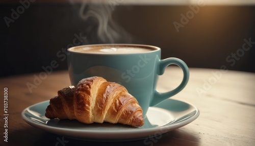  a cup of coffee and a croissant on a saucer on a wooden table with steam coming out of the top of the cup and steam coming out of the croissant.