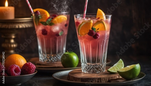  a couple of glasses filled with liquid next to a plate with fruit and a lit candle on top of a table next to a bowl of raspberries and limes.