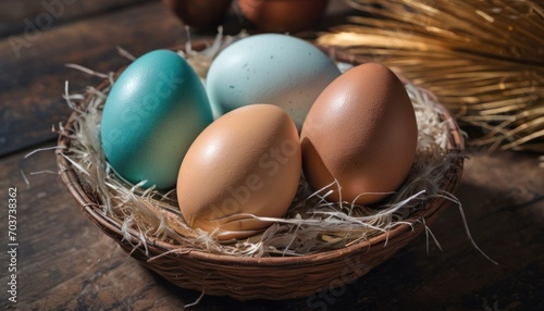  a basket of eggs sitting on top of a wooden table next to a basket of hay and eggs on top of a wooden table next to a basket of eggs.