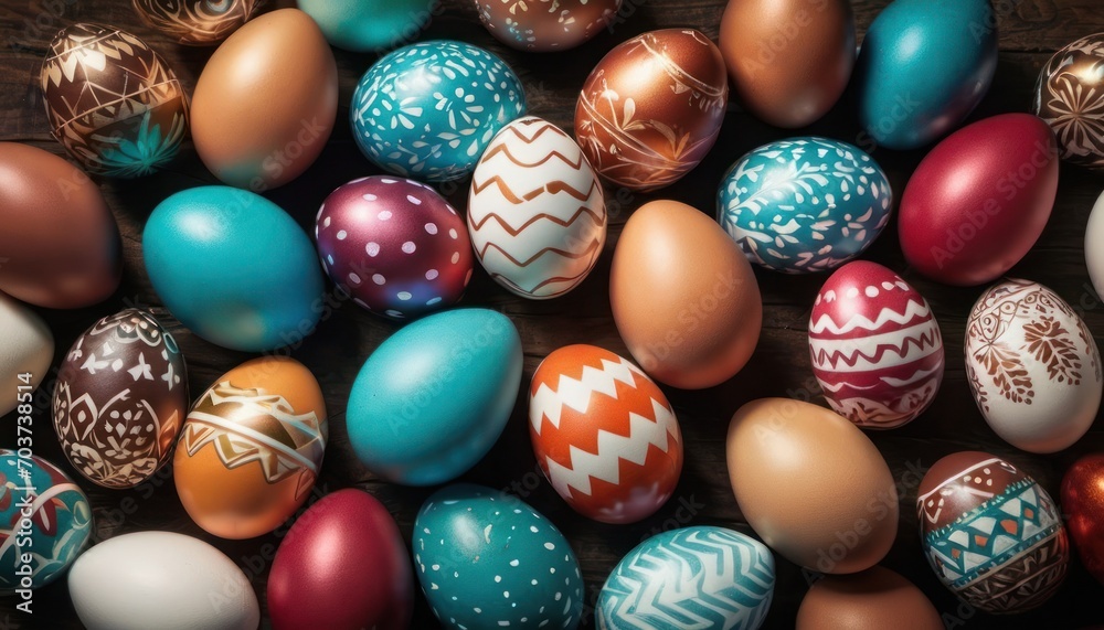a bunch of different colored eggs sitting on top of a wooden table with a pattern on one of the eggs and one of the eggs has a chevron pattern on the side. a bunch of different colored eggs sitting on top of a wooden table with a pattern on one of the eggs and one of the eggs has a chevron pattern on the side.