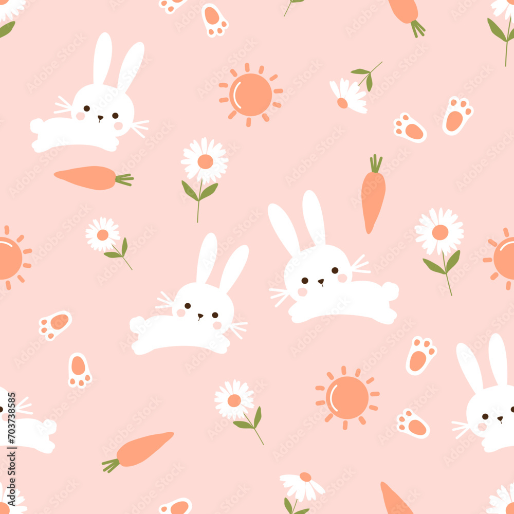 Seamless pattern with bunny rabbit cartoons, sun, foot prints, carrot and daisy flower on pink background vector. Cute childish print.