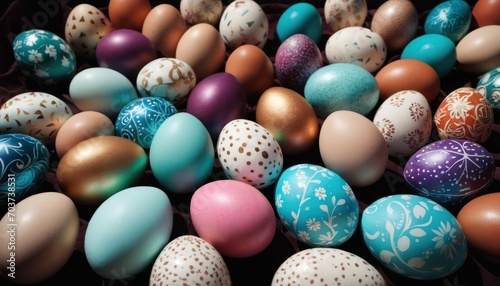  a bunch of different colored eggs sitting on top of a bed of brown and blue eggs with white designs on them and gold dots on the top of the eggs. photo