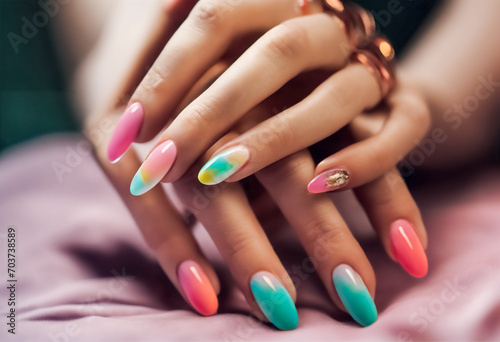 Eleganza al Naturale- Dettaglio di Una Manicure Gel con Unghie Almond Lunghe, la Bellezza dei Colori Vivaci photo