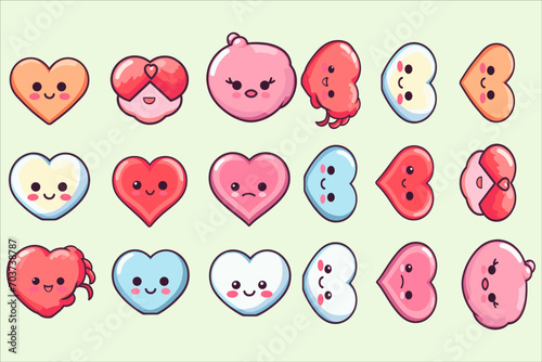 Love Heart Kawaii icon set vector, valentine's day kawaii outline icon set vector, valentine's day drawings kawaii, 