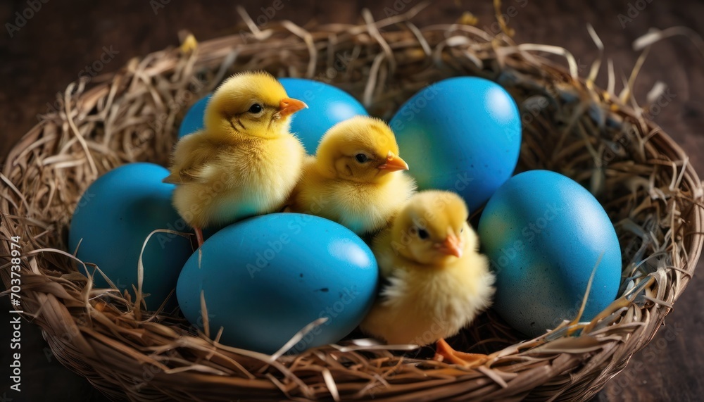  a group of small yellow chicks sitting in a nest of blue eggs on a wooden table next to a blue egg in the center of the nest is a blue egg.