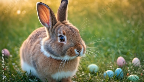  a brown and white rabbit sitting in the grass next to a bunch of colored eggs on a sunny day with the sun shining on the grass and the eggs behind it.