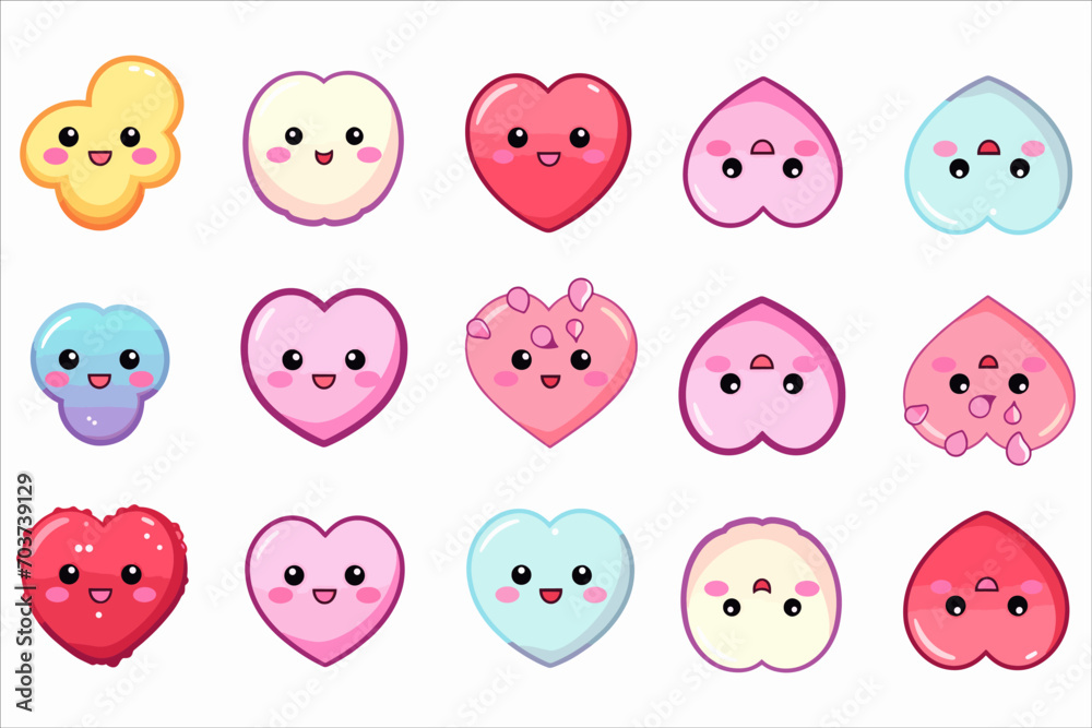 Love Heart Kawaii icon set vector, valentine's day kawaii outline icon set vector, valentine's day drawings kawaii, 