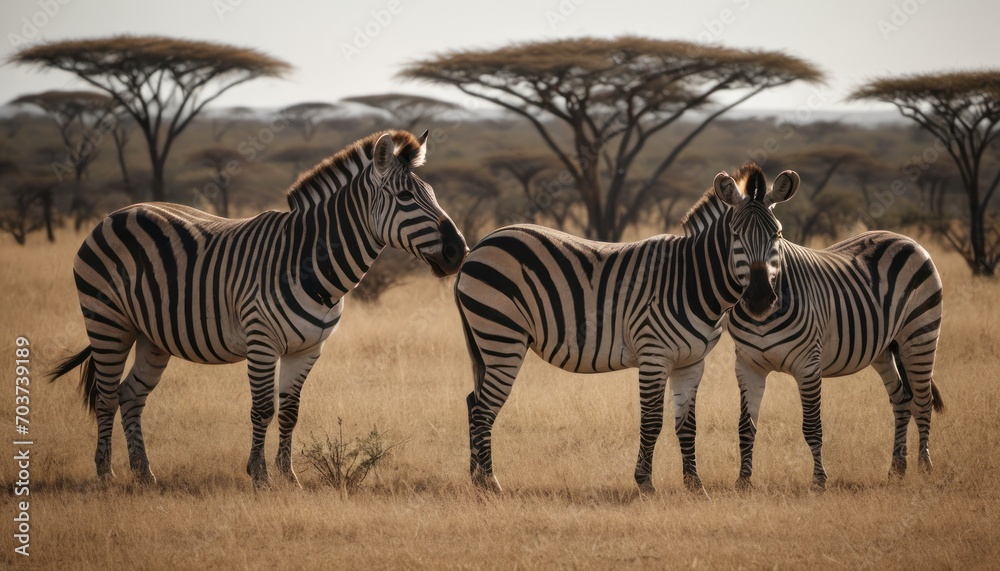 two zebras standing next to each other on a dry grass field with trees in the back ground and a third zebra in the background with it's head turned away from the camera. two zebras standing next to each other on a dry grass field with trees in the back ground and a third zebra in the background with it's head turned away from the camera.