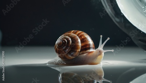  a close up of a snail on a surface with a mirror in the back ground and a reflection of the snail on the ground in the middle of the image.