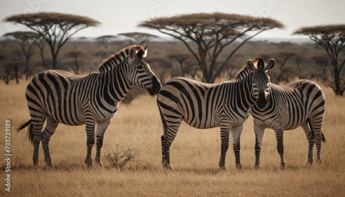  two zebras standing next to each other on a dry grass field with trees in the back ground and a third zebra in the background with it s head turned away from the camera.