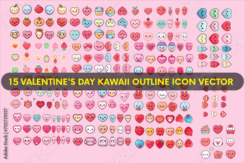 Love Heart Kawaii icon bundle set vector,