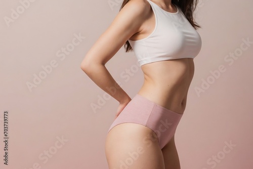 Cropped photo of a slim body isolated on a pink background with copy space. Lady's slim tummy, Health and 