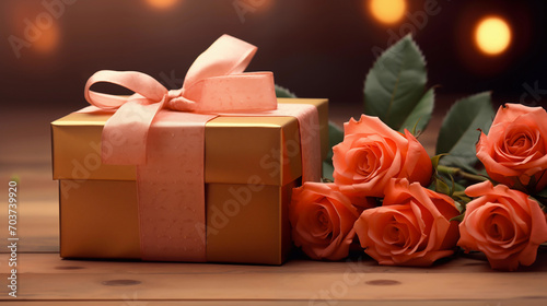Essence of Affection : Gold gift box and pink roses tied with ribbon  © LANGSSI