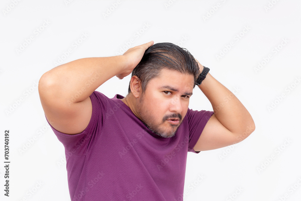 A egotistical man posing trying to look cool and sexy, but looking very awkward and cringe instead. Wearing a purple waffle shirt. Half body photo isolated on white background. A egotistical man posing trying to look cool and sexy, but looking very awkward and cringe instead. Wearing a purple waffle shirt. Half body photo isolated on white background.