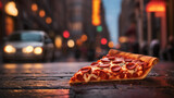 Capture the essence of indulgence with a close-up shot of a delectable pepperoni pizza slice against an urban street road.