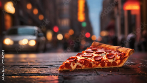 Capture the essence of indulgence with a close-up shot of a delectable pepperoni pizza slice against an urban street road.