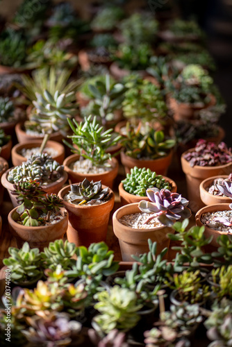 Succulent plants in small terracotta pots in flower shop top view. Large selection of potted houseplants designed to add variety to home decor. Plant lovers, indoor gardening.