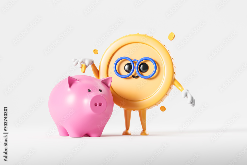 Φωτογραφία Cartoon coin put money into piggy bank, money investment and saving