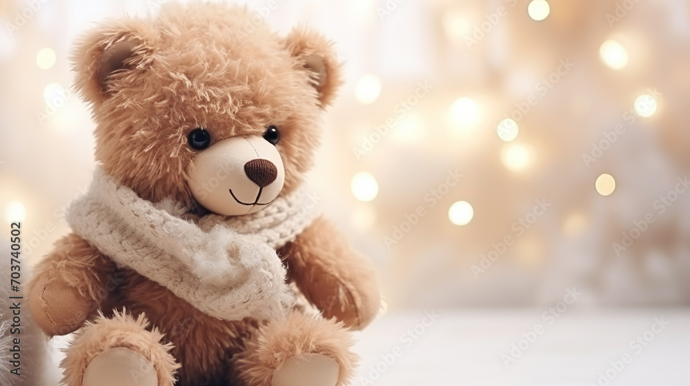 Christmas decor, teddy-bear close-up on blurred background Christmas decor, teddy-bear close-up on blurred background
