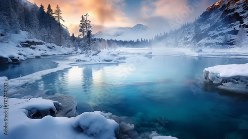 Steaming Hot Springs by a Frozen Lake. Natural hot springs. The scene is peaceful and serene.