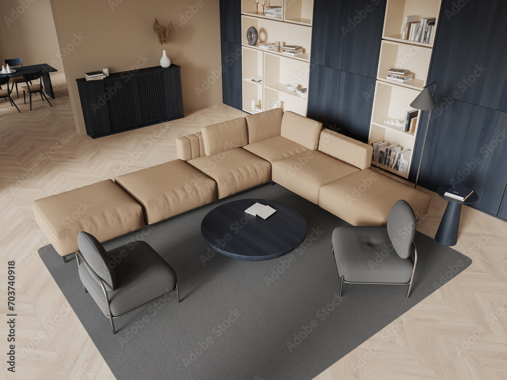 Fototapeta premium Top view of home living room interior with couch and eating table, shelf