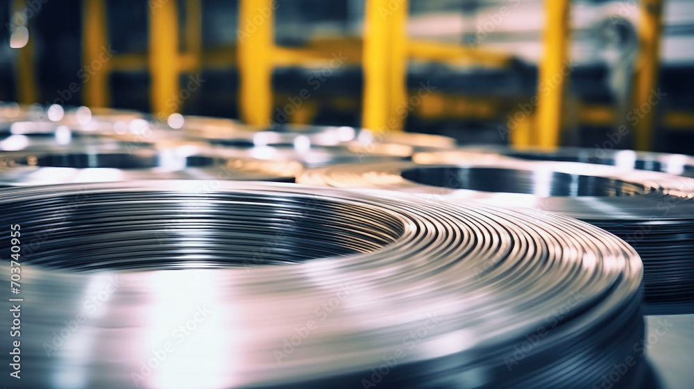 Close-up of aluminum wire spools in a manufacturing plant. Aluminum production. Metalworking. Selective focus.