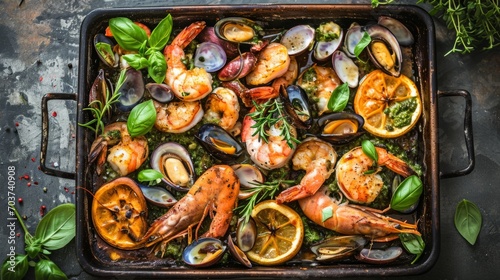 Roasted shrimps in baking tray with basil and rosemary, top view, flat lay. Delicious home cooking.