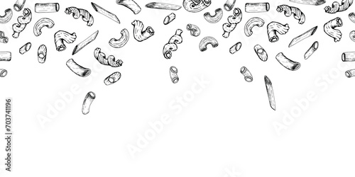 Hand drawn vector ink illustration. Types of pasta Italian cuisine, elbows penne rigatoni cavatappi spirals. Seamless banner isolated on white. Restaurant, menu, food shop and package, flyer, print.