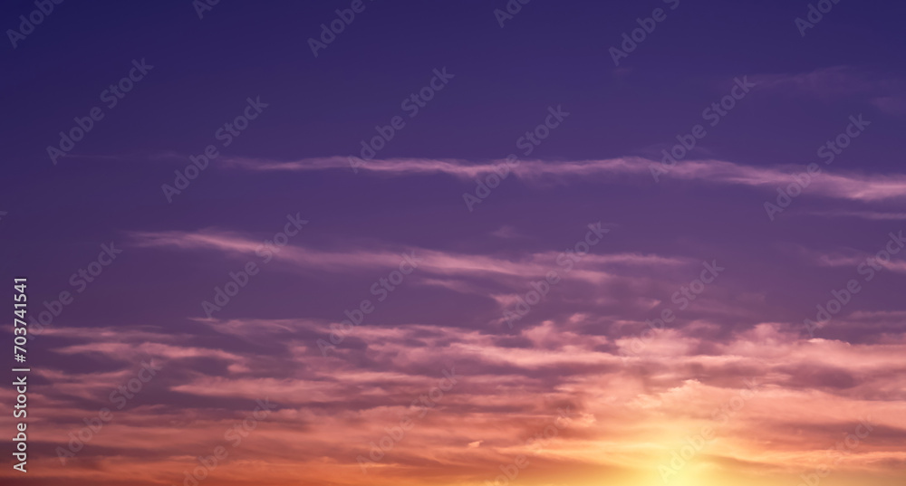 Sunset Sky,Clouds over Beach in the evening with Blue,Red, Orange,Yellow and Purple Sunlight in Summer,Beautiful panoramic nature sunrise, Romantic sky with Dusk Twilight