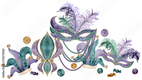 Hand drawn watercolor Mardi Gras carnival symbols. Theater masquerade mask feathers  Jester fool hat  fleur de lis beads. Composition isolated on white background. Design party invitation  print  shop