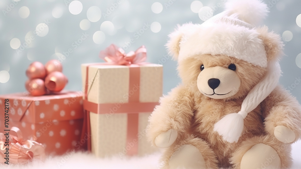 Christmas decor, teddy bear close-up on the background of a cozy interior Christmas decor, teddy bear close-up on the background of a cozy interior