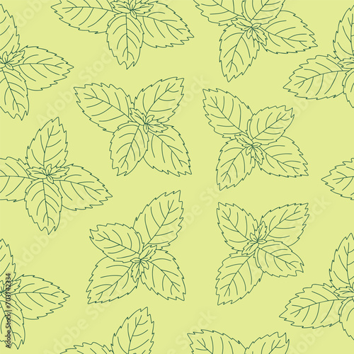 Seamless pattern of mint leaf icon. Isolated illustration of a mint leaf icon in linear style on a green background