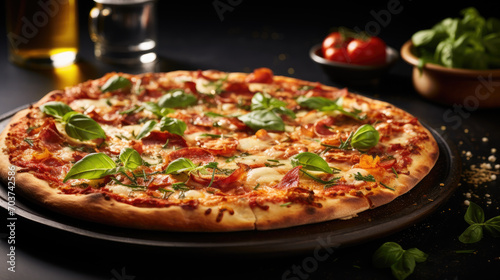 Traditional italian pizza with cheese and tomato sauce on dark background