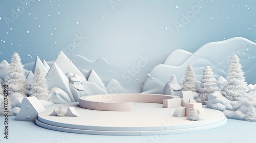 Capture the magic of the festive season with this elegant Christmas product podium set against a snowy winter background. Perfect for holiday marketing and advertising campaigns, showcasing your merch © Sunanta