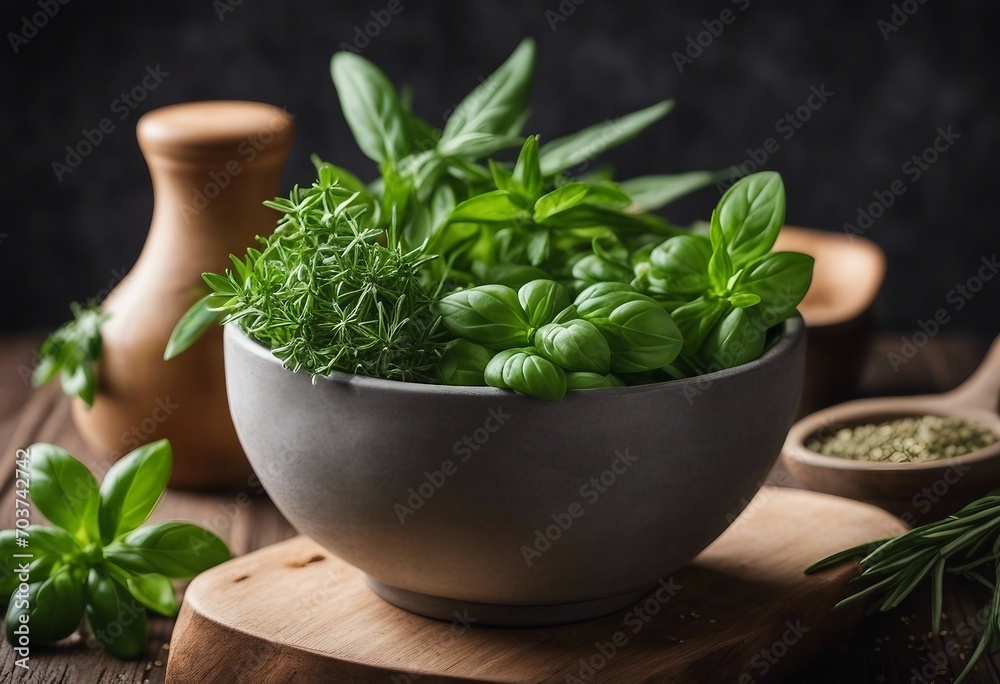 Aromatic herbs in mortar bowl Basil thyme rosemary and tarragon Fresh ingredients for cooking