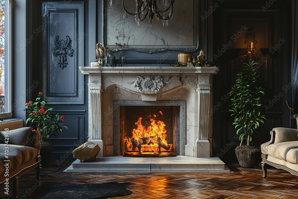 Large traditional fireplace with roaring fire. Empty mantle piece ...