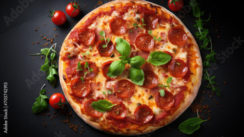 Traditional italian pizza with cheese and tomato sauce on dark background