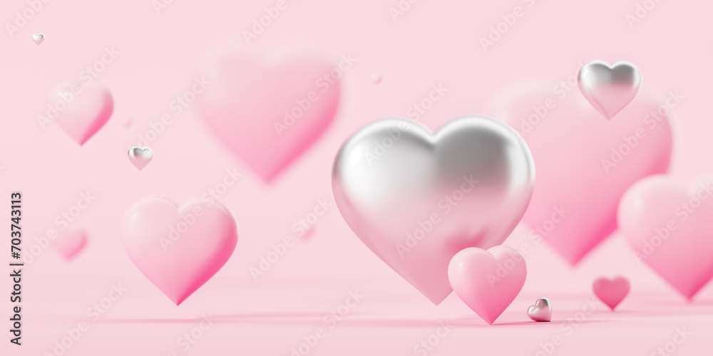 Pink and silver heart flying, valentine's day concept