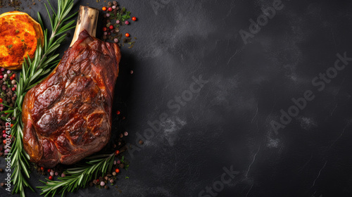 Tomahawk steak with herb on black  slate background.Steak on the bone.  photo