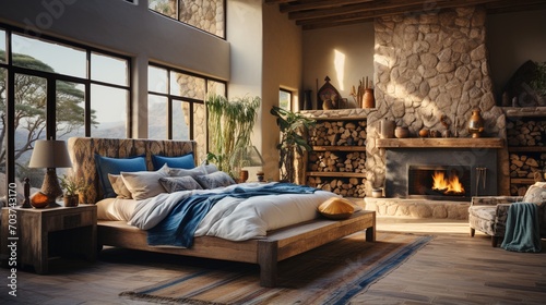 Rustic bedroom with fireplace and large windows © duyina1990