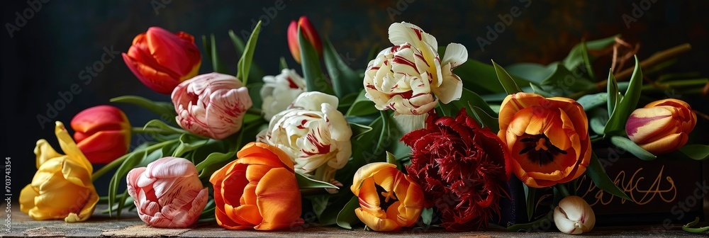 Gift Box Bouquet Beautiful Tulips, Banner Image For Website, Background, Desktop Wallpaper