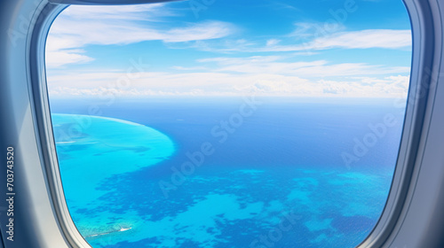 Skyline Serenity: Maldives Islands Unveiled in the Calm Blue Seas from Airplane Window © Maximilien
