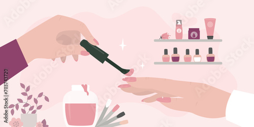 Covering nail gel polish. Nail aesthetics. Manicurist doing procedure with nail polish. Caucasian woman at manicure salon. Beauty salon interior. Manicure tools on table.